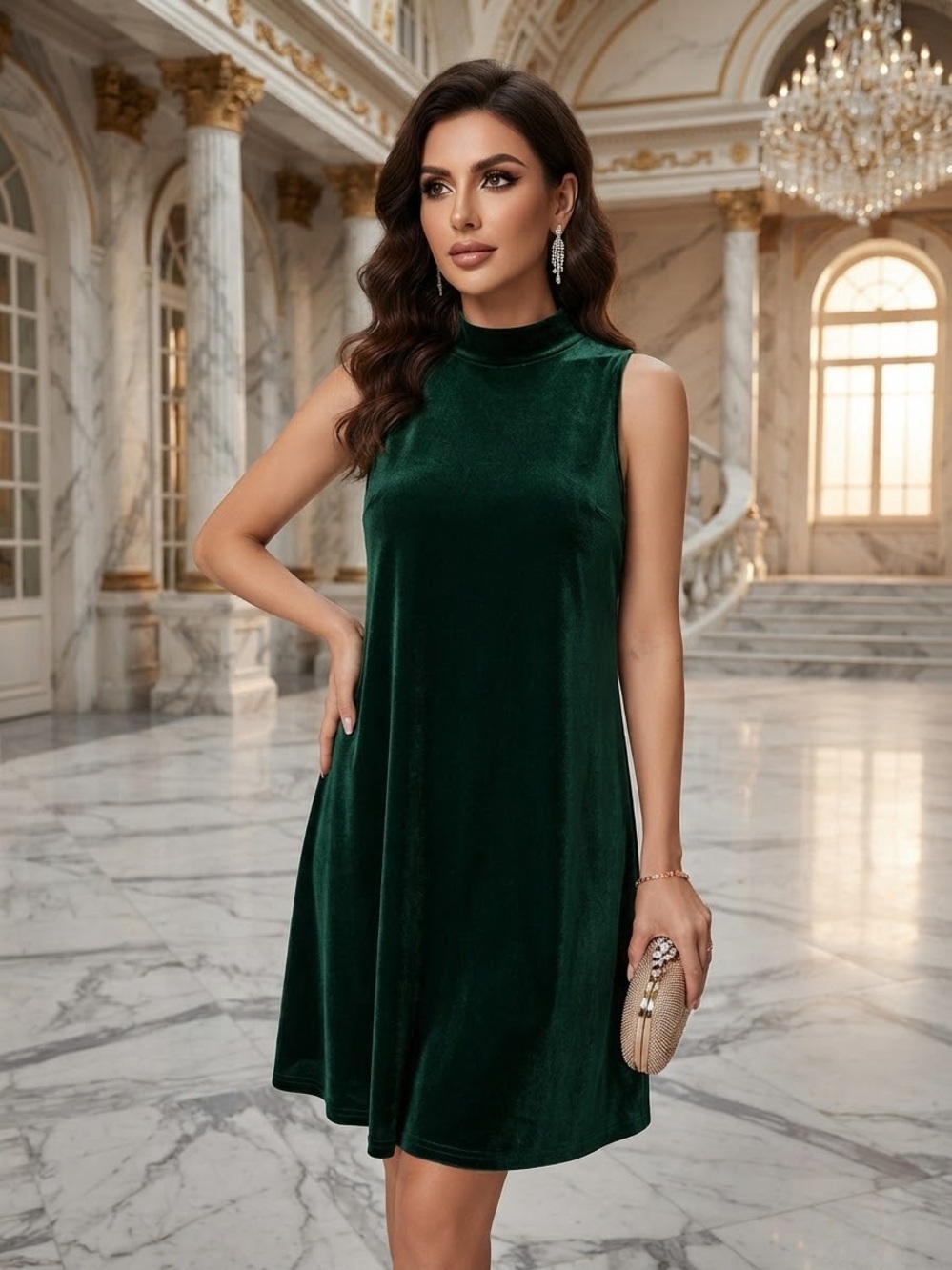 Sleeveless Dark Green Velvet Mini Dress with High Neck